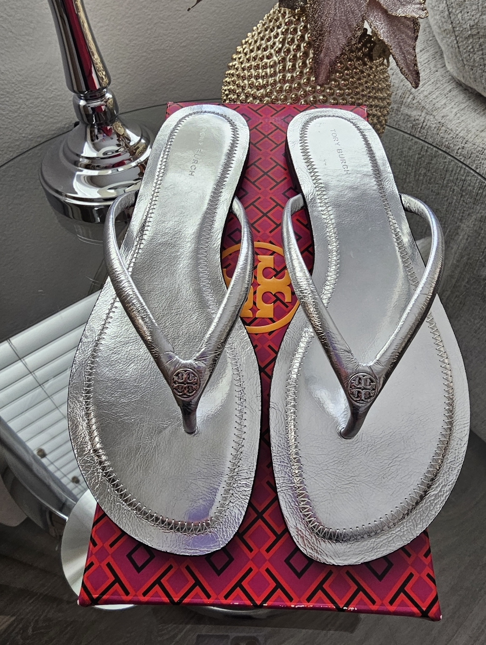 Tory Burch Silver Metallic Logo Thong Sandals